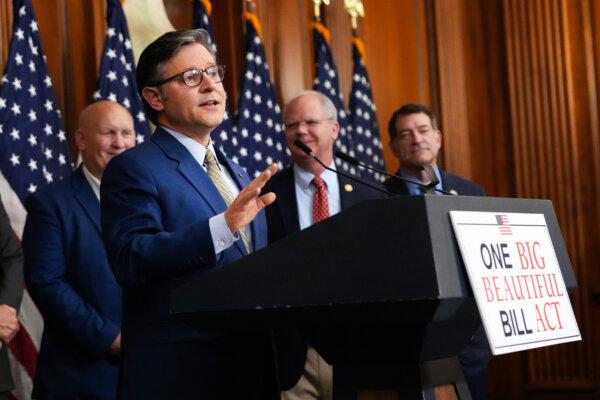 House Speaker Mike Johnson (R-La.) speaks to the media after narrowly passing the agenda for House Speaker Donald Trump at the U.S. Capitol in Washington on May 22, 2025.