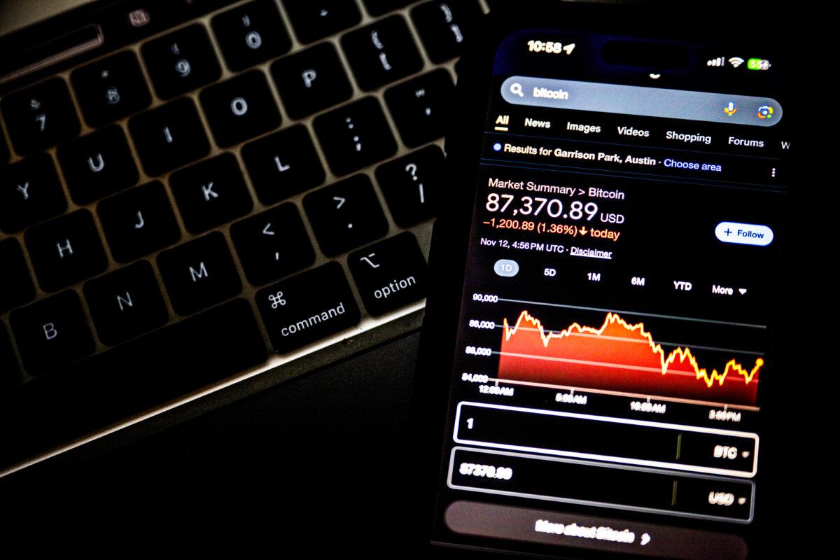 In this photo illustration, a Bitcoin chart is displayed on a cell phone in Austin, Texas, on Nov. 12, 2024. (Brandon Bell/Getty Images)