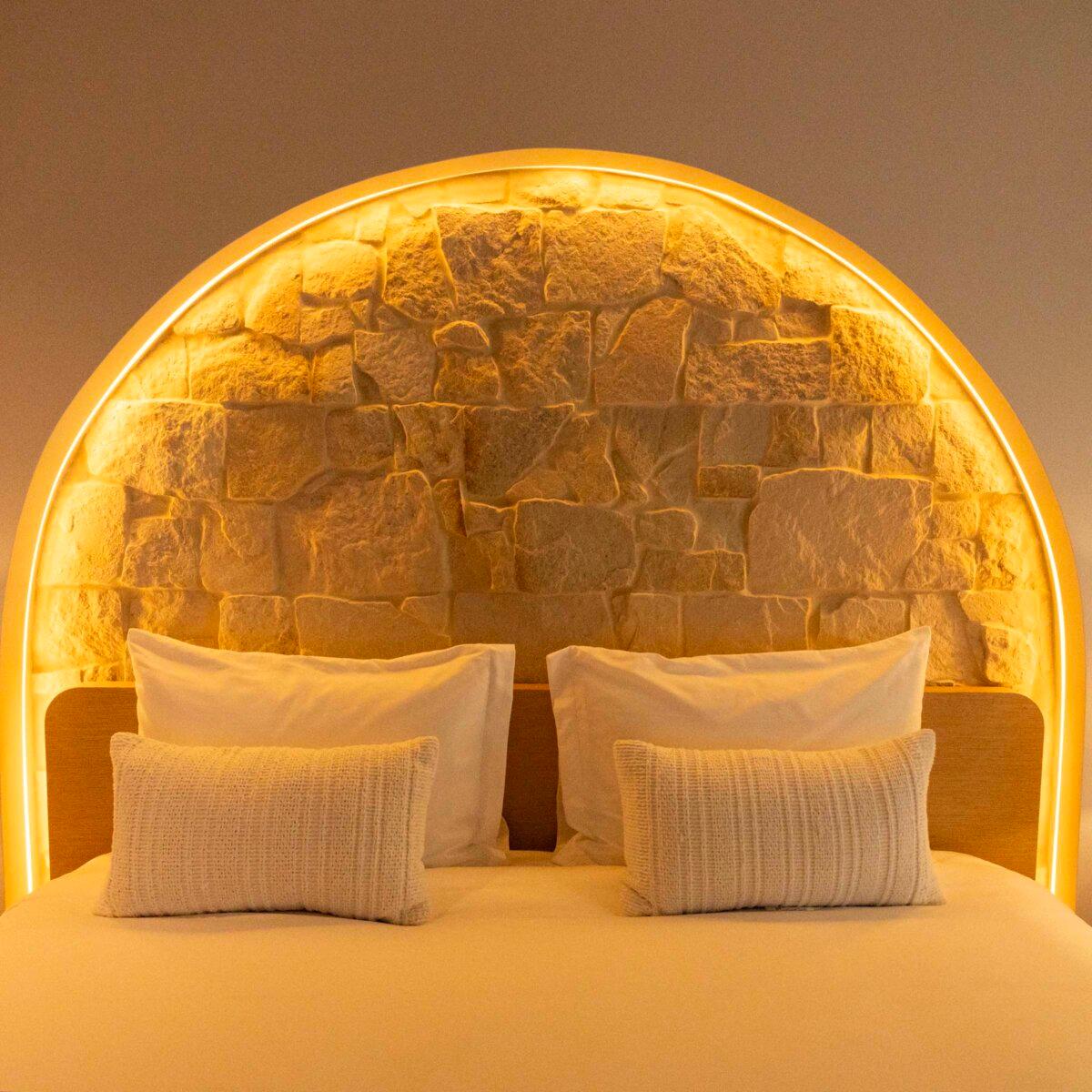 A detail shot of the bed inside the hotel room named Bianca Allegra’ at Donatella on May 1, 2025, in Miami, Florida. (D.A. Varela/Miami Herald/TNS)
