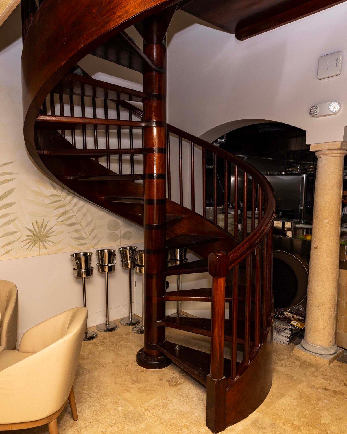 A detail shot of the stairs leading from the restaurant area to a hotel room inside Donatella on May 1, 2025, in Miami, Florida. (D.A. Varela/Miami Herald/TNS)