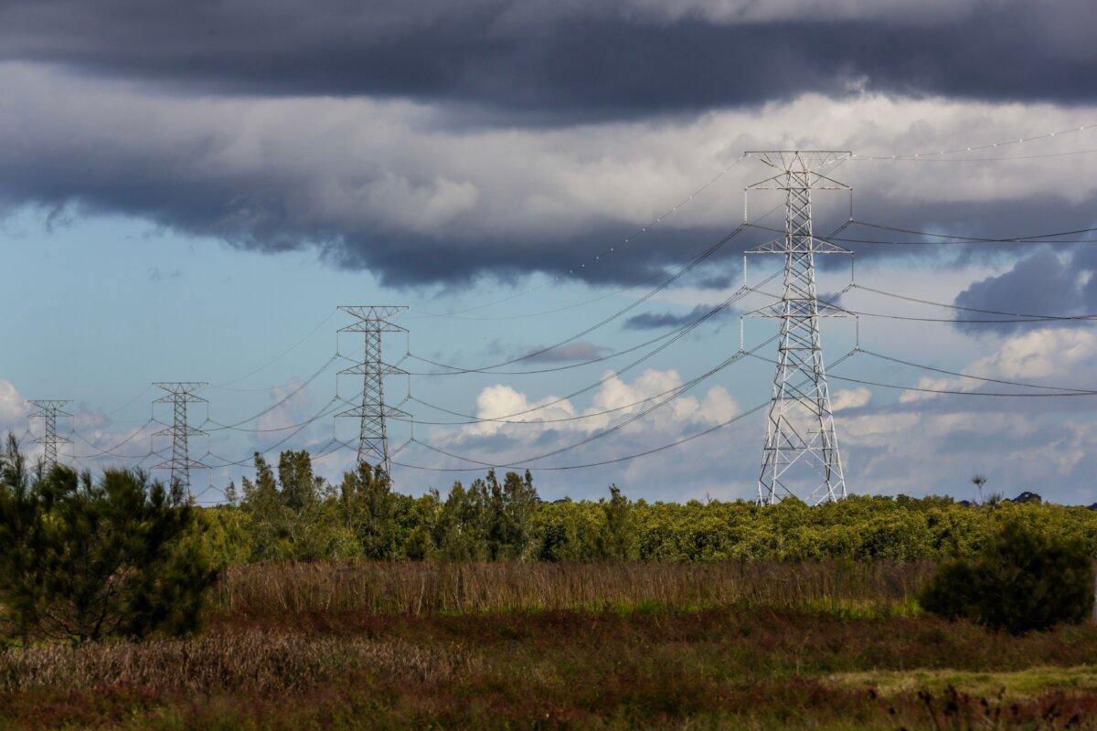 High voltage electricity transmission towers in Newcastle, Australia, on April 14, 2023. (Roni Bintang/Getty Images)