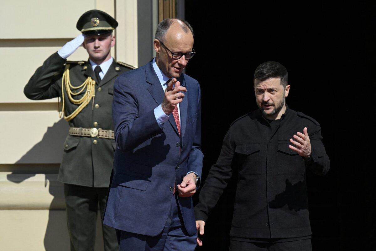 Ukrainian President Volodymyr Zelenskyy welcomes German Chancellor Friedrich Merz in Kyiv, Ukraine, on May 10, 2025. (Genya Savilov/AFP via Getty Images)