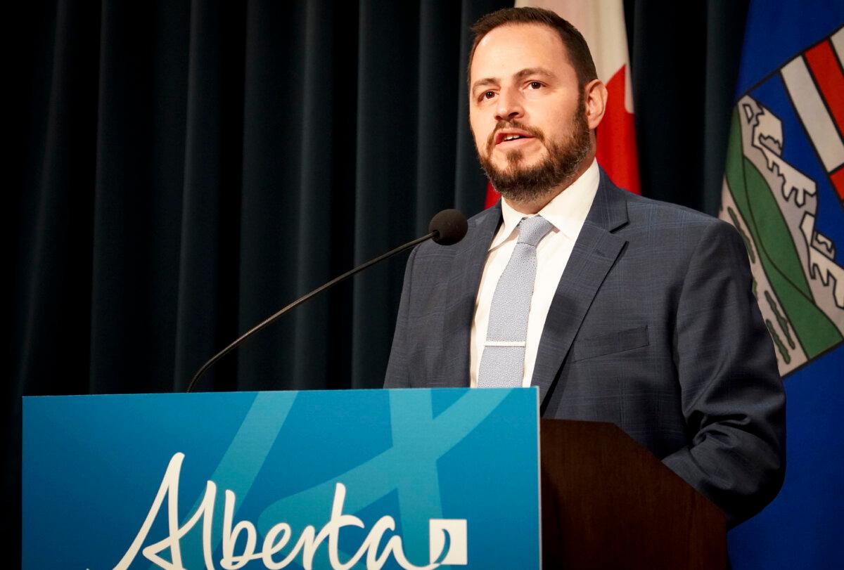 Alberta Education Minister Demetrios Nicolaides speaks at a press conference in Calgary on May 26, 2025. (Carolina Avendano/The Epoch Times)