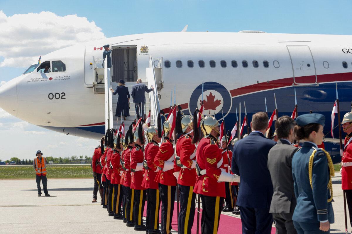 King Charles and Queen Camilla depart from Macdonald-Cartier International Airport in Ottawa on May 27, 2025. (Patrick Doyle/POOL/AFP via Getty Images)
