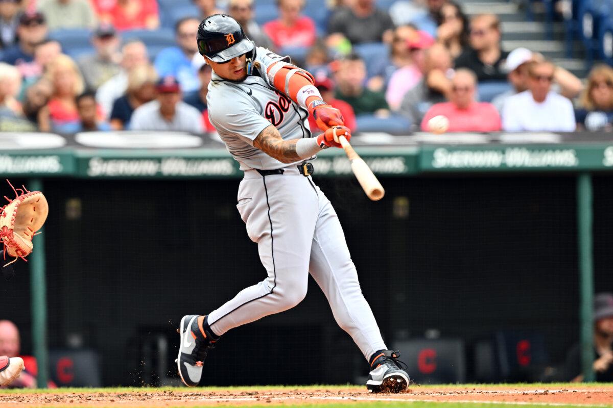 Javier Báez of the Detroit Tigers hits a three-run homer during the second inning against the Cleveland Guardians at Progressive Field in Cleveland on July 25, 2024. (Jason Miller/Getty Images)