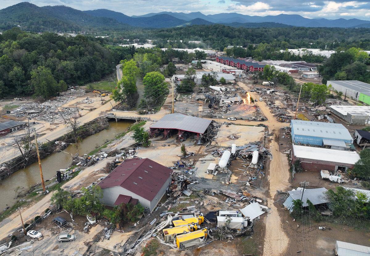 Flood damage wrought by Hurricane Helene along the Swannanoa River in Asheville, N.C., on Oct. 3, 2024. (Mario Tama/Getty Images)