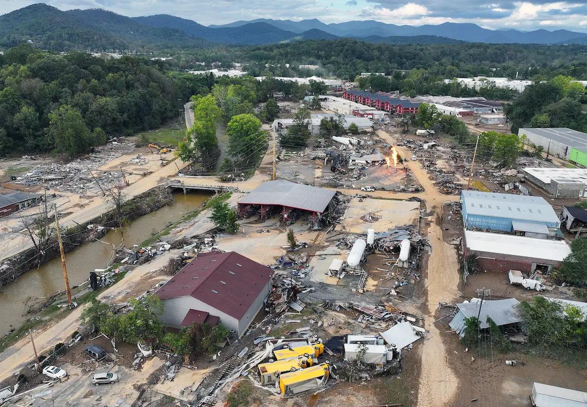 An aerial view of flood damage wrought by Hurricane Helene along the Swannanoa River in Asheville, North Carolina, on Oct. 3, 2024. At least 200 people were killed in six states in the wake of the powerful hurricane which made landfall as a Category 4. (Mario Tama/Getty Images)