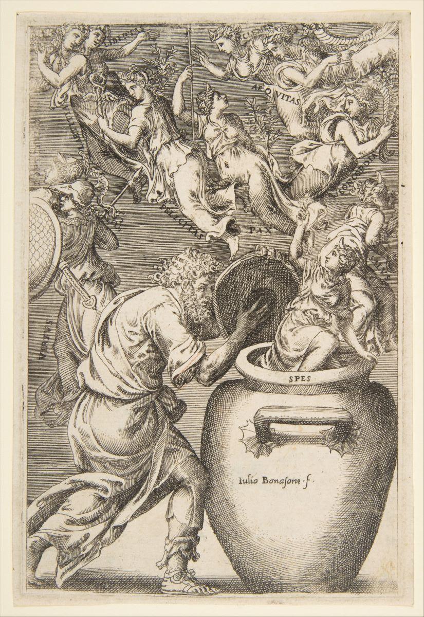 Giulio Bonasone's 16th-century engraving of Epimetheus opening the fatal jar. (Public Domain)