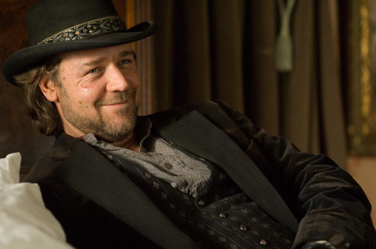 Charming outlaw Ben Wade (Russell Crowe) is a picture of a macho man, in "3:10 to Yuma." (Lionsgate Entertainment/MovieStillsDB)