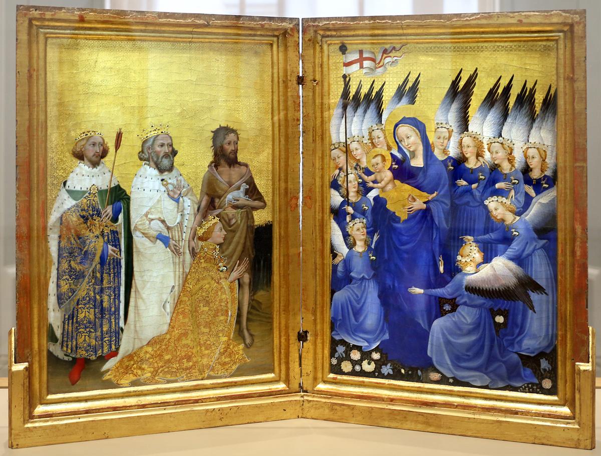 Richard II presented to the Virgin and Child by his Patron Saint John the Baptist and Saints Edward and Edmund ('The Wilton Diptych'), circa 1395–1399, by an unknown English or French artist. Egg tempera on wood; 20 4/5 inches by 14 9/16 inches. National Gallery, London. (<a href="https://commons.wikimedia.org/wiki/File:Anonimo_inglese_o_francese,_dittico_wilton,_1395-99_ca._01.jpg" target="_blank" rel="nofollow noopener">National Gallery</a>/<a href="https://creativecommons.org/licenses/by/3.0/deed.en" target="_blank" rel="nofollow noopener">CC BY 3.0</a>)