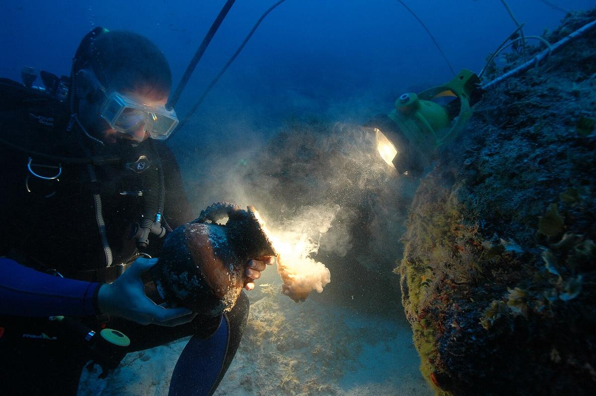 A Texas A&M student investigates an artifact on an underwater mission. (<a href="http://commons.wikimedia.org/w/index.php?title=User:Kailynn.Nelson&action=edit&redlink=1">Kailynn.Nelson</a>/<a href="https://creativecommons.org/licenses/by-sa/4.0/deed.en">CC BY-SA 4.0</a>)