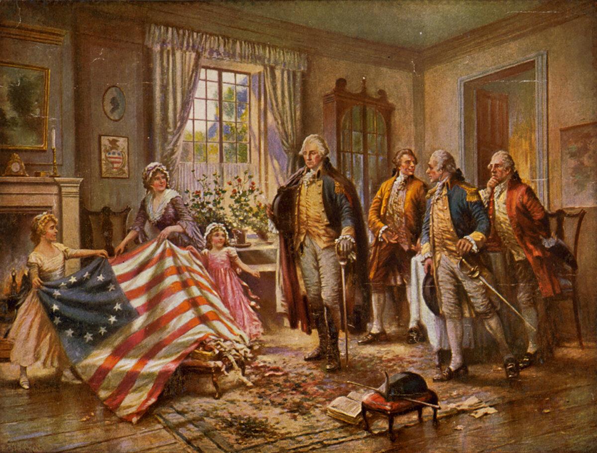 A print of “The Birth of Old Glory,” 1917, after a painting by Edward Percy Moran. Betsy Ross, who is credited with sewing the first United States flag, is depicted showing the flag to George Washington. Library of Congress. (Public Domain)