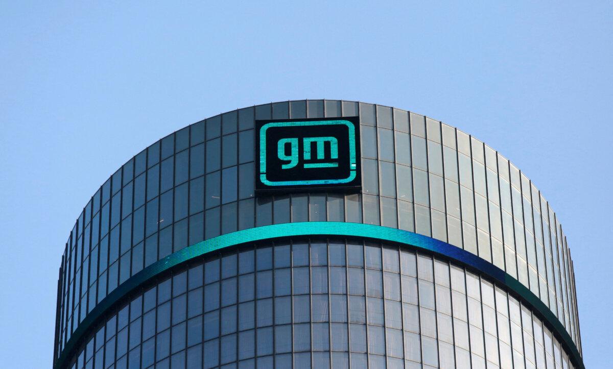 The GM logo at the General Motors headquarters in Detroit on March 16, 2021. (Reuters/Rebecca Cook/File Photo)