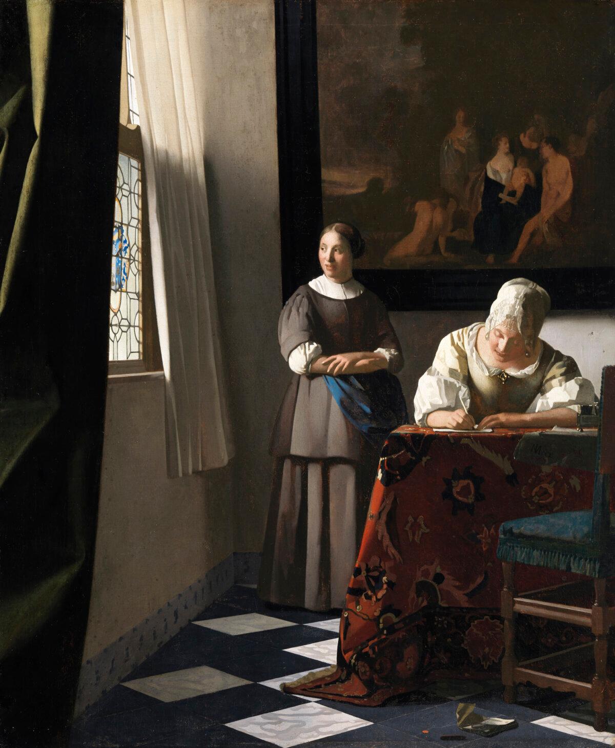 約翰尼斯‧維梅爾的作品《寫信的女子與女僕》,約1670—1672年創作,布面油畫;71.1×60.5厘米。1987年阿爾弗雷德‧貝特爵士和夫人(Sir Alfred and Lady Beit)(貝特收藏)贈予都柏林愛爾蘭國家美術館。(愛爾蘭國家美術館提供)