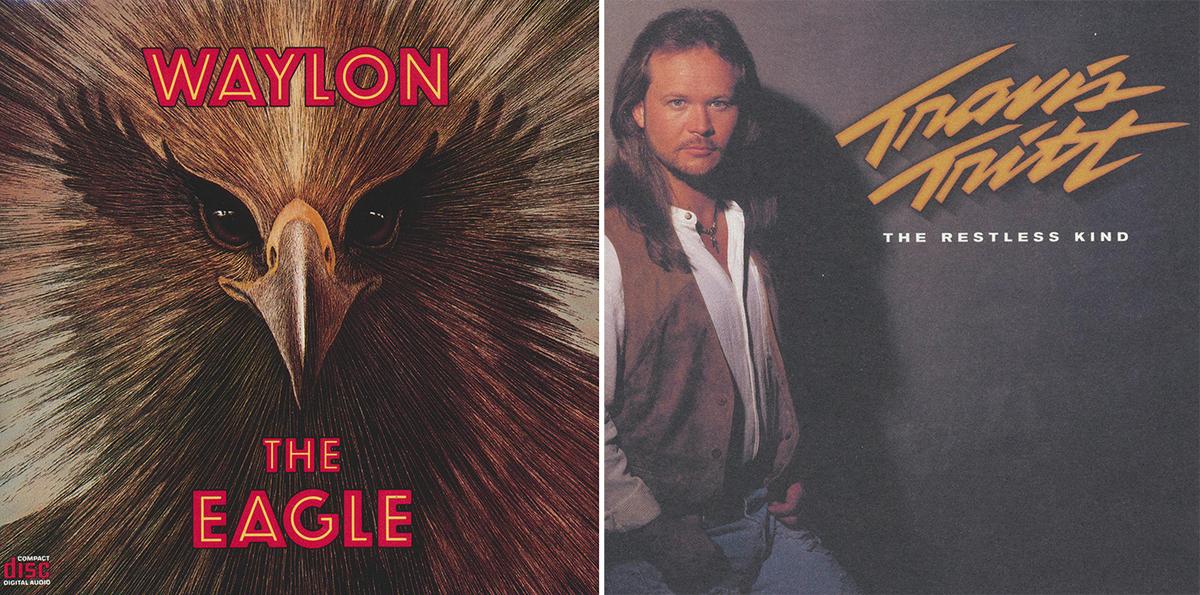(L) Cover of Waylon Jennings's 1990 album "The Eagle" beside Travis Tritt's 1996 album "The Restless Kind," which features the hit country song "Where Corn Don't Grow." Internet Archive. (Public Domain)