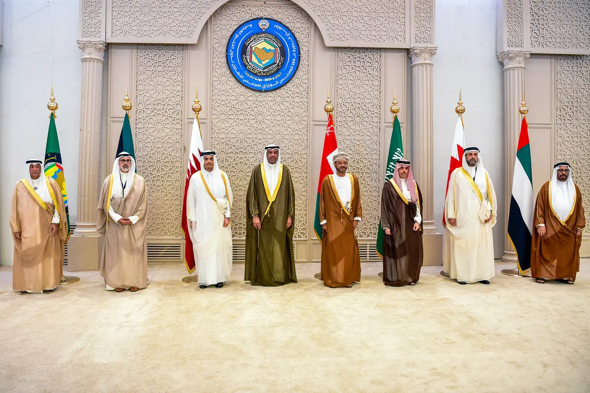 Gulf Cooperation Council members meet in Kuwait in June 2025. (L-R) Secretary-General Jassim al-Budaiwi; Kuwaiti Deputy Minister of Foreign Affairs Sheikh Jarrah Jaber Al-Ahmad Al-Sabah; Qatari Prime Minister and Foreign Minister Mohammed bin Abdulrahman al-Thani; Kuwaiti Foreign Minister Abdullah Ali al-Yahya; Omani Foreign Minister Badr al-Busaidi; Saudi Foreign Minister Faisal bin Farhan; Bahraini Foreign Ministry Undersecretary for Political Affairs Khalid Yousef Al-Jalahma; and UAE Minister of State at the Ministry of Foreign Affairs Khalifa Bin Shaheen Al-Marar. (Yasser Al-Zayyat/AFP via Getty Images)