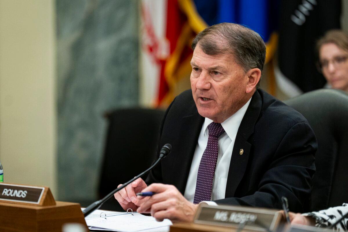 Sen. Mike Rounds (R-S.D.), chair of the Senate Armed Services Subcommittee on Cybersecurity, at a hearing on Capitol Hill on March 25, 2025. (Al Drago/Getty Images)