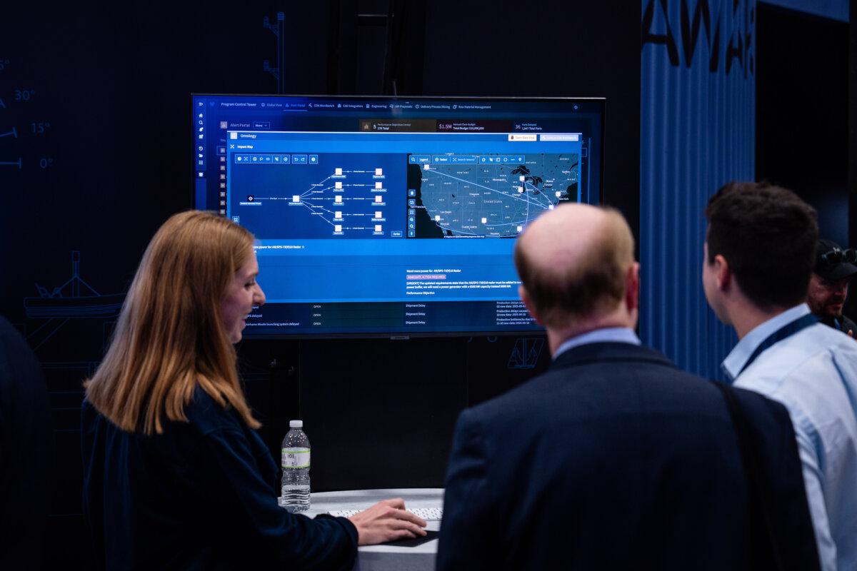 Software company Palantir Technologies at a booth during the AI+Expo Special Competitive Studies Project in Washington on June 2, 2025. (Madalina Vasiliu/The Epoch Times)