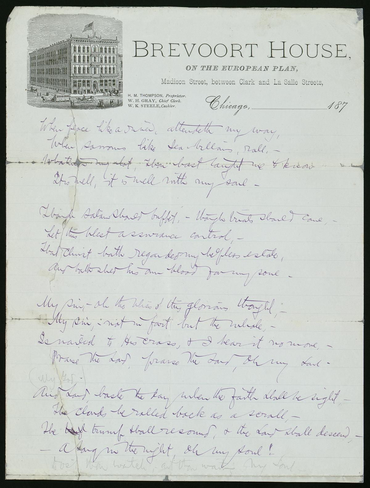 Draft manuscript copy of hymn "It Is Well With My Soul" by Horatio Gates Spafford, circa 1873–1878. Library of Congress. (Public Domain)