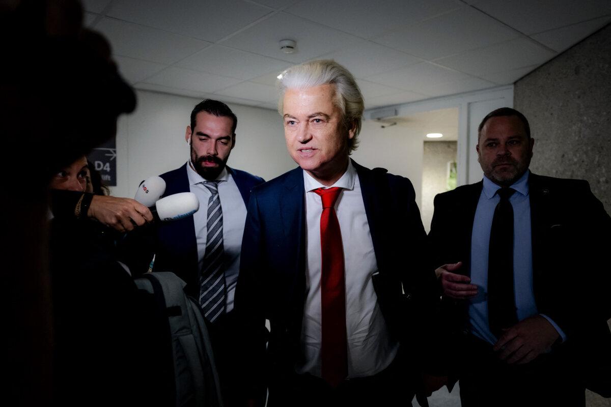 PVV leader Geert Wilders addresses the media as he arrives for the weekly coalition talks in the Lower House in The Hague, Netherlands, on June 3, 2025. (Robin Van Lonkhuijsen/ANP/AFP via Getty Images)