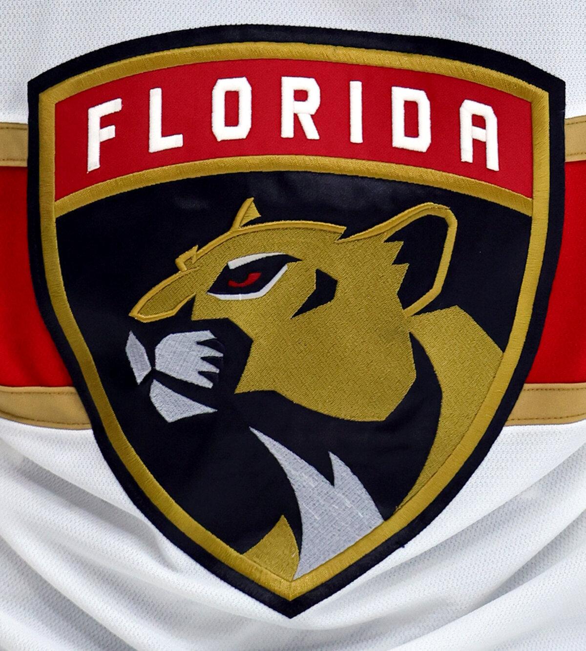 The Florida Panthers logo on the uniform of goalie Sergei Bobrovsky #72 as he takes a break during a stop in play in the second period of a game against the Vegas Golden Knights at T-Mobile Arena in Las Vegas, Nevada on Jan. 12, 2023. (Ethan Miller/Getty Images)