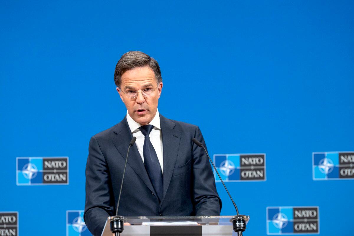 NATO Secretary General Mark Rutte speaks during a press conference in Brussels, Belgium, on June 4, 2025. (Bob Reijnders /Middle East Images via AFP via Getty Images)
