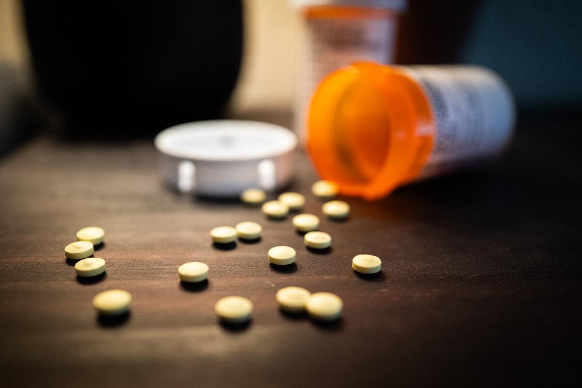 Oxycodine pain medications sit on a table outside of Los Angeles, on June 4, 2025. (John Fredricks/The Epoch Times)