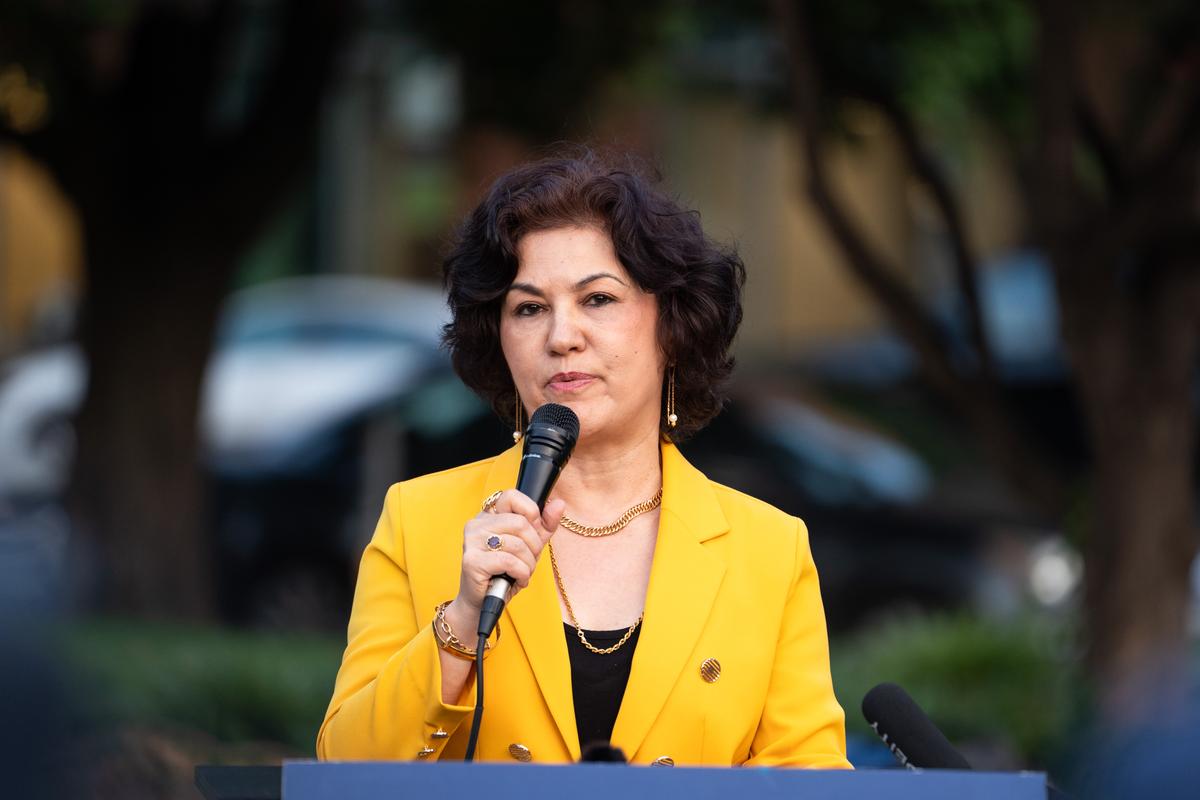Campaign for Uyghurs founder Rushan Abbas speaks during an event commemorating the Tiananmen Square massacre that happened in China on June 4, 1989, at the Victims of Communism Memorial in Washington on June 4, 2025. (Madalina Vasiliu/The Epoch Times)