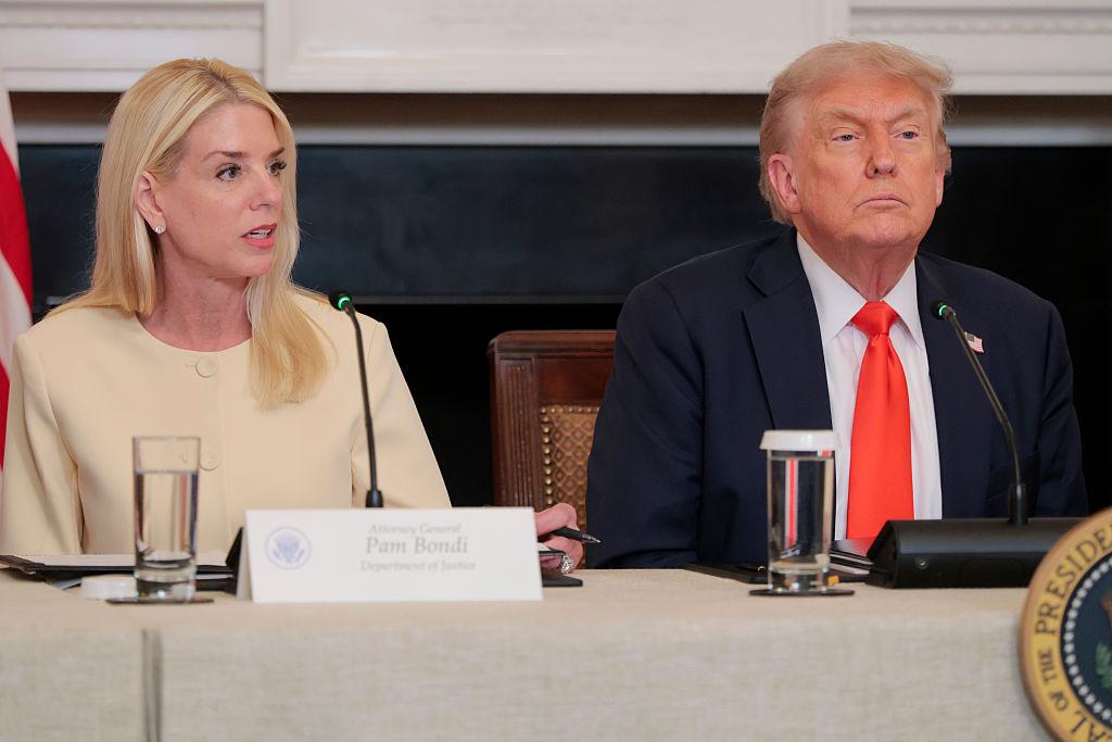 Attorney General Pam Bondi speaks alongside U.S. President Donald Trump at a roundtable in the State Dining Room at the White House in Washington on June 5, 2025. (Anna Moneymaker/Getty Images)