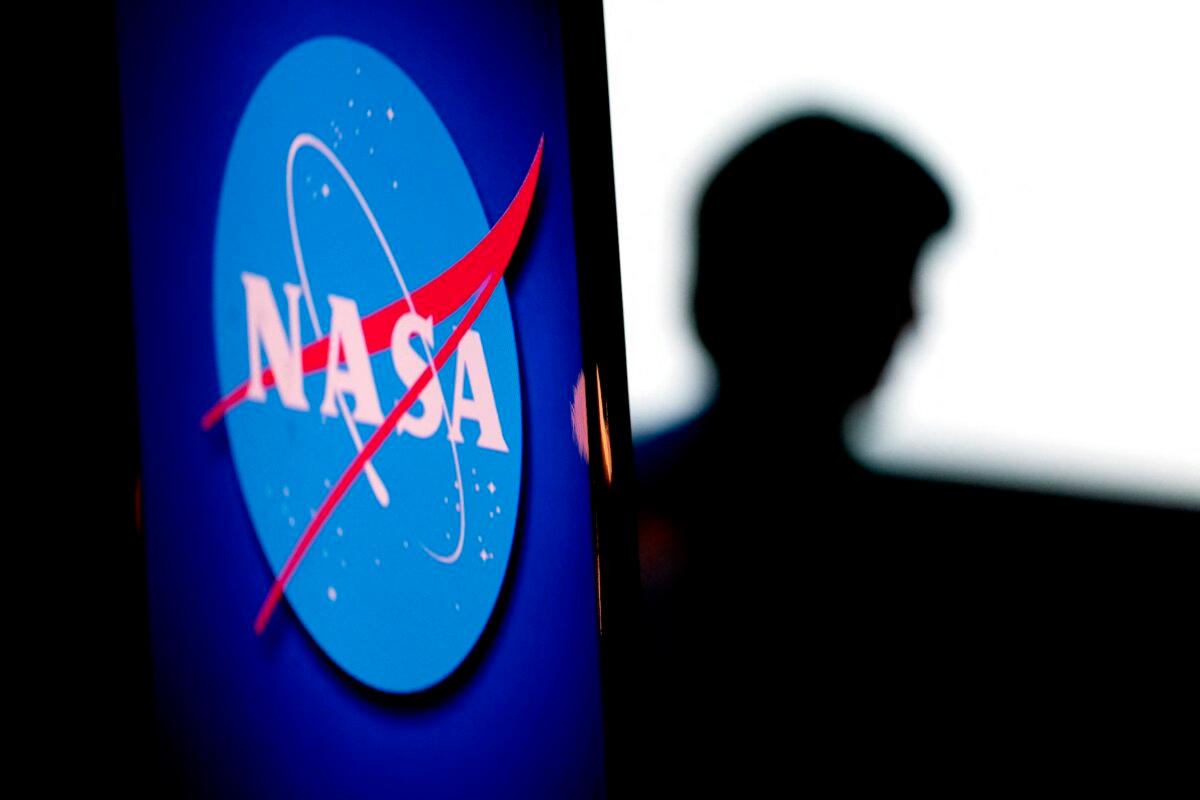 NASA logo is located in the Webb Auditorium at NASA headquarters in Washington, DC on June 7, 2022.