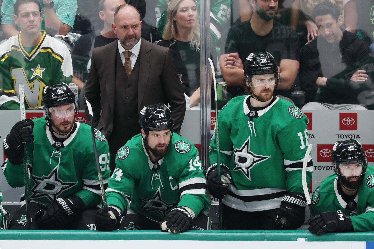 Head coach Pete DeBoer of the Dallas Stars looks on against the Edmonton Oilers during the first period in Game Five of the Western Conference Final of the 2025 Stanley Cup Playoffs at American Airlines Center in Dallas, Texas, on May 29, 2025. (Sam Hodde/Getty Images)