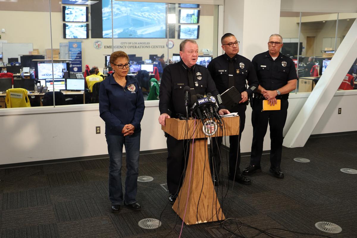 LAPD Chief Jim McDonnell (2L) speaks during a press conference in Los Angeles, California, on June 9, 2025. (Patrick T. Fallon/AFP via Getty Images)