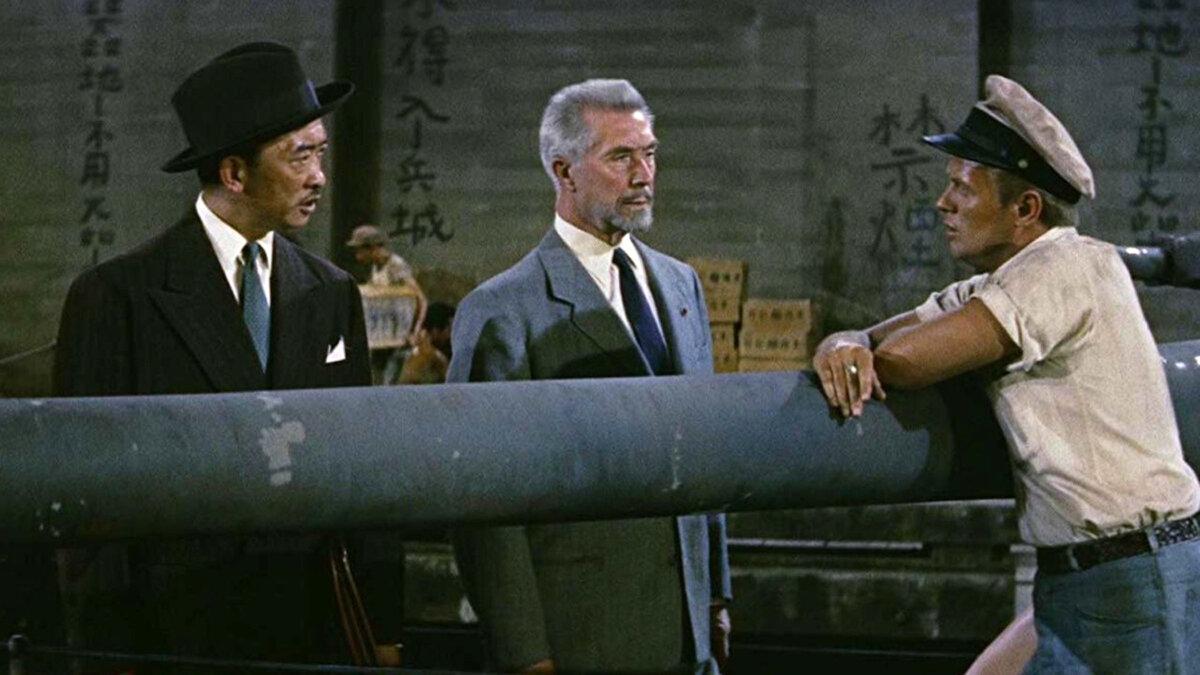 (L–R) Hakada Fujimori (Richard Loo), Professor Montel (Victor Francen), and Capt. Adam Jones (Richard Widmark), in “Hell and High Water.” (20th Century Fox)