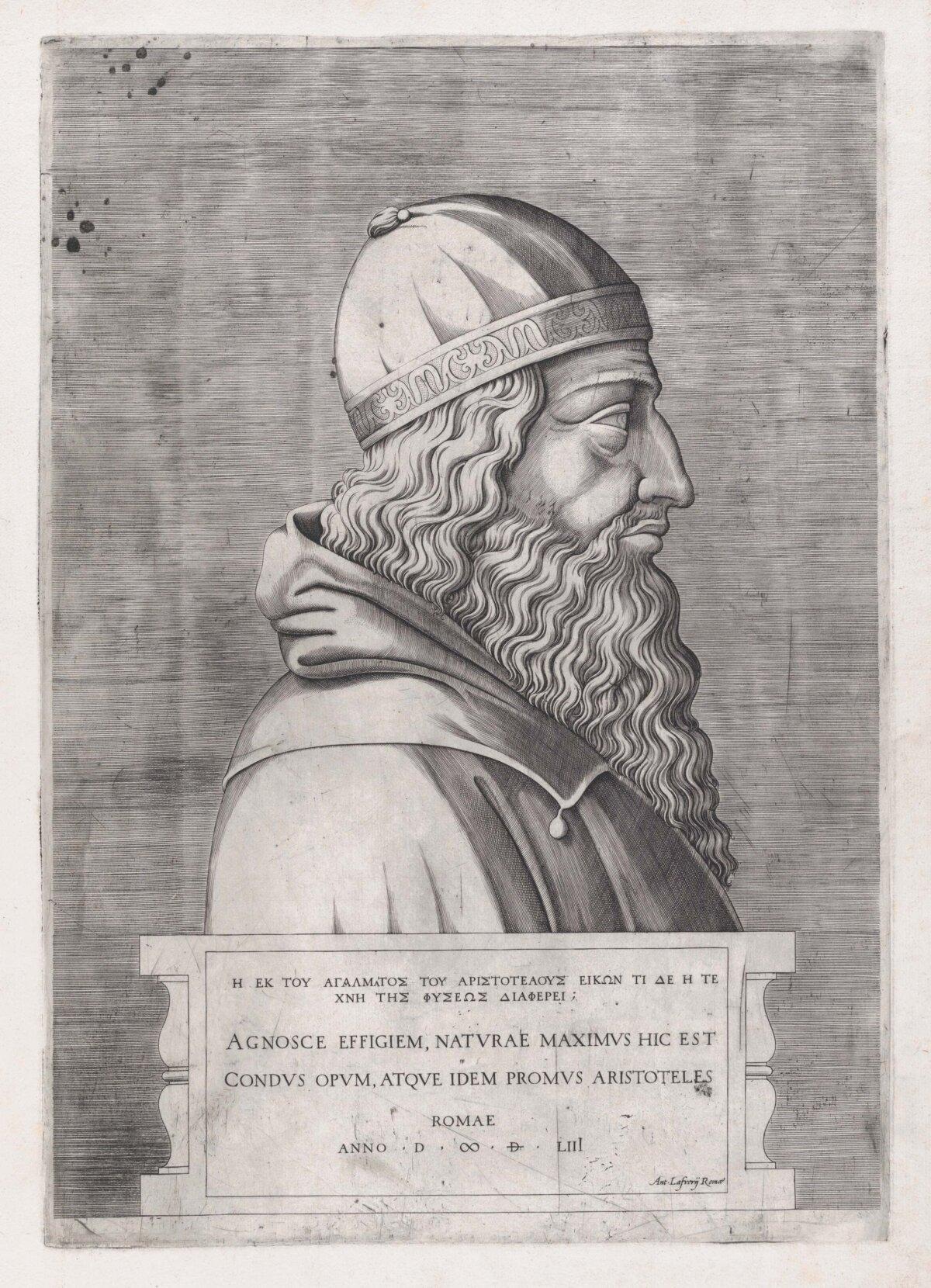An engraving of Aristotle (384–322 B.C.) from “Speculum Romanae Magnificentiae,” 1553. (Public Domain)