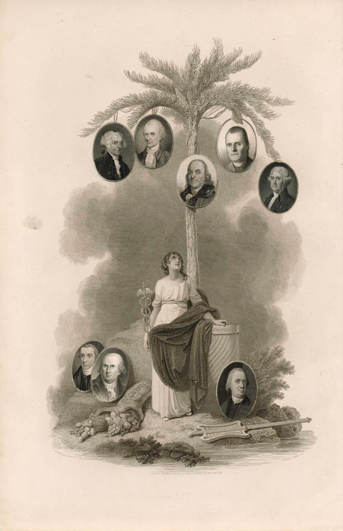 The statesmen pictured (top L–R) John Adams, Richard Henry Lee, Benjamin Franklin, Roger Sherman, Thomas Jefferson, (bottom) Patrick Henry, Robert Morris, and Samuel Adams—were all notable framers of the Constitution. (Public Domain)