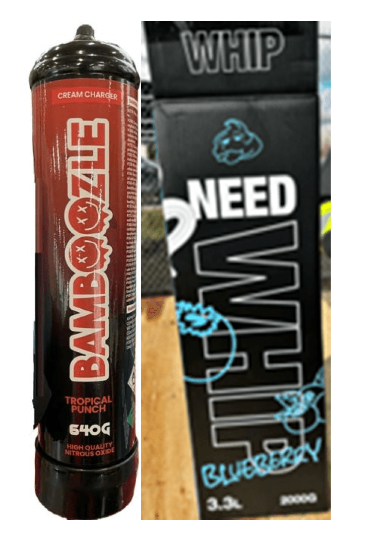 Some of the nitrous oxide products confiscated by border security were labelled under brand names such as Bamboozle and Need Whip. (Health Canada photo)