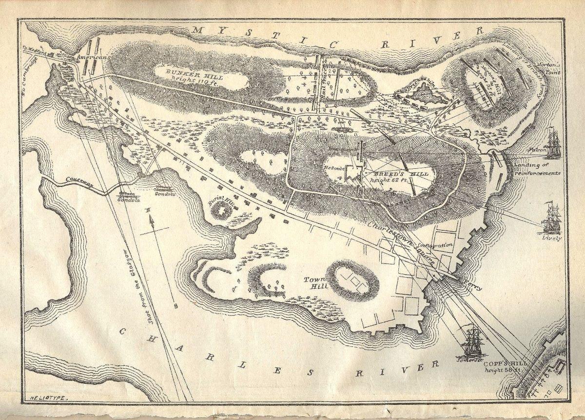 A historic map showing Breed's Hill, and Bunker Hill, along with military notes. (Public Domain)
