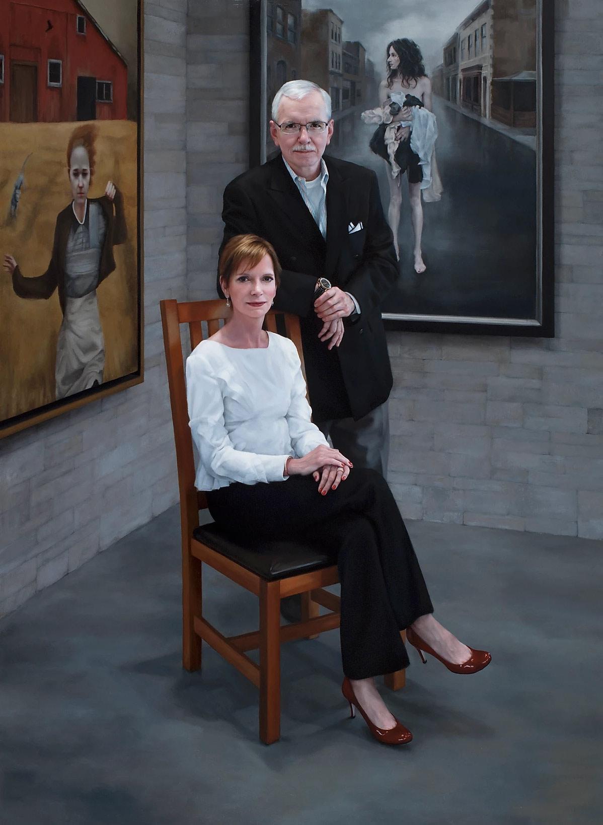 "Portrait of the Collectors," 2016, by Katie O’Hagan. Oil on canvas; 78 inches by 58 inches. A portrait of Steven Bennett and Elain Schmidt in their gallery, by one of the collection's featured women artist, is part in the The Bennett Collection, along with 12 of O’Hagan's other works. (Courtesy of The Bennett Collection)