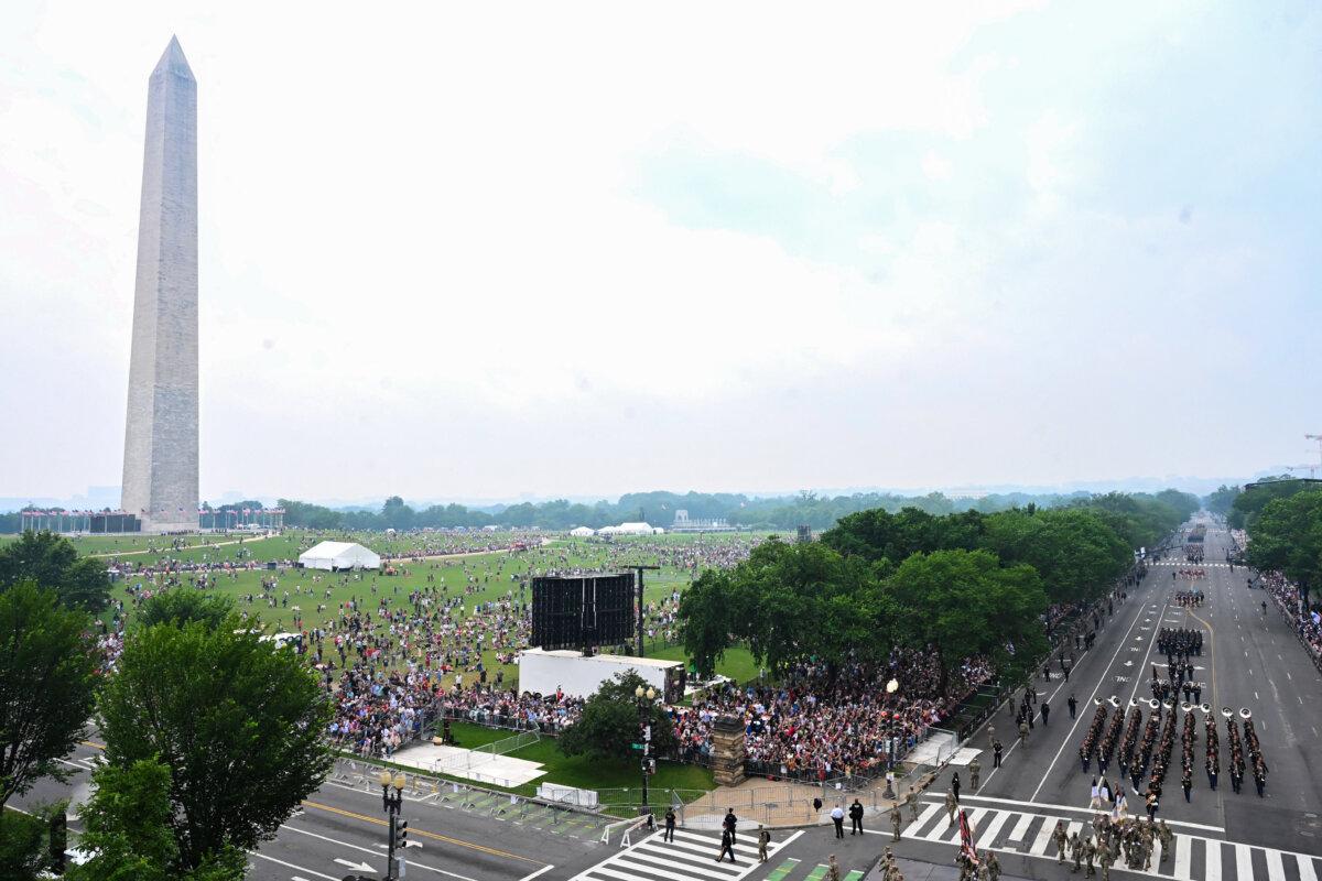 The Washington Monument is seen as troops march during the Army 250th Anniversary Parade in Washington on June 14, 2025. (Alex Wroblewski/AFP via Getty Images)