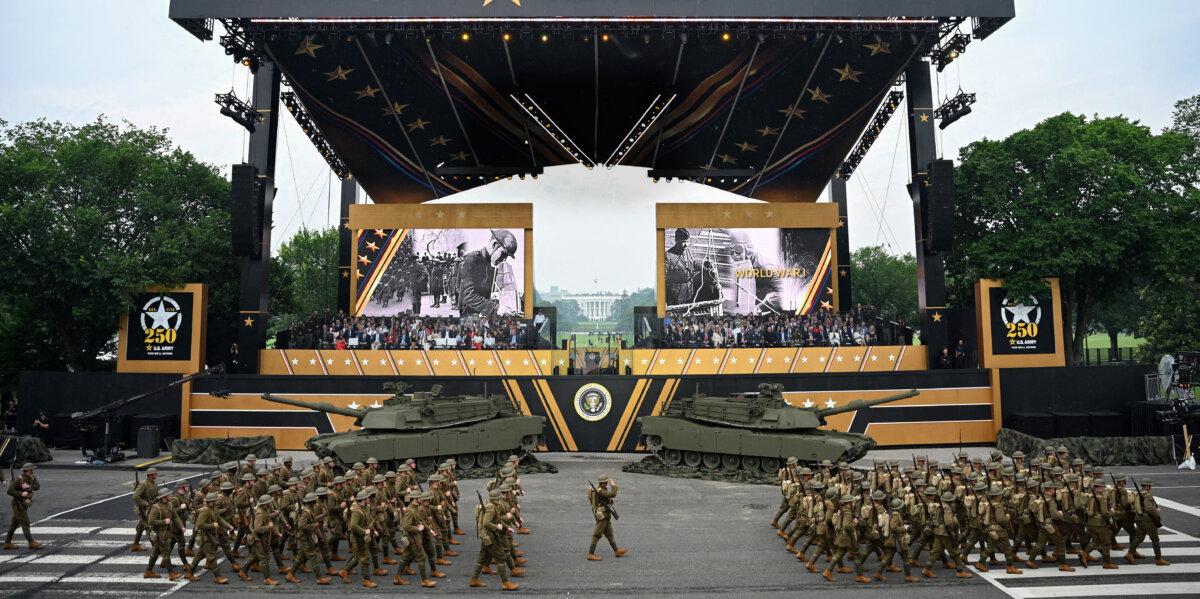 Soldiers in World War I-era uniforms march during the Army 250th Anniversary Parade in Washington on June 14, 2025. Nearly 7,000 troops plus dozens of tanks and helicopters rumble through the capital in an event officially marking the 250th anniversary of the U.S. Army. (Mandel Ngan/AFP via Getty Images)