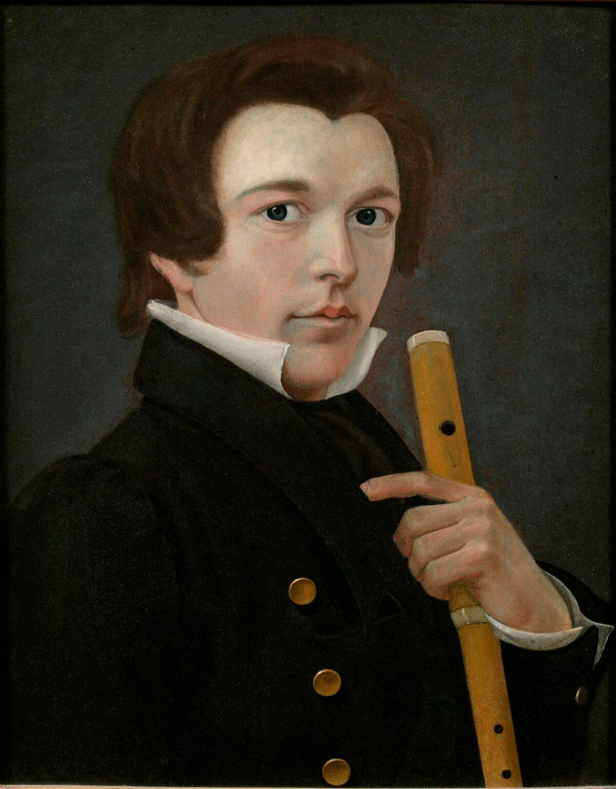 “Self Portrait With Flute,” 1828, by William Sidney Mount. Oil on panel; 25 1/2 inches by 21 1/4 inches. Long Island Museum of Art, History, and Carriages, Stony Brook, N.Y. (<a href="https://commons.wikimedia.org/wiki/File:William_Sidney_Mount,_Self_Portrait_with_Flute,_1828.tif" target="_blank" rel="nofollow noopener">Long Island Museum/CC BY-SA 4.0</a>)