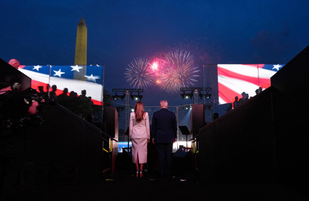 President Donald Trump and First Lady Melania Trump watch fireworks after the Army 250th Anniversary Parade in Washington on June 14, 2025. (Doug Mills/POOL/AFP via Getty Images)