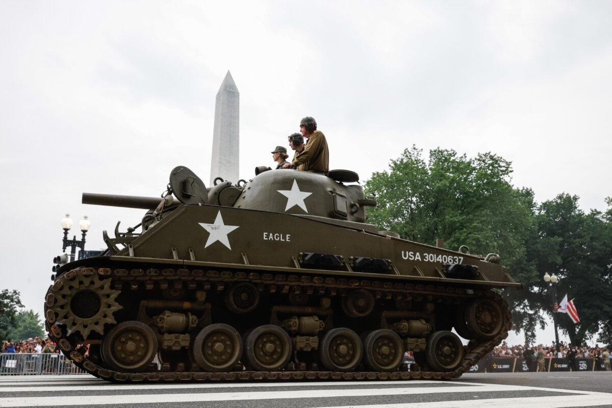 Parade participants drive a Sherman tank in the Army 250th Anniversary Parade in Washington on June 14, 2025. (Kevin Dietsch/Getty Images)