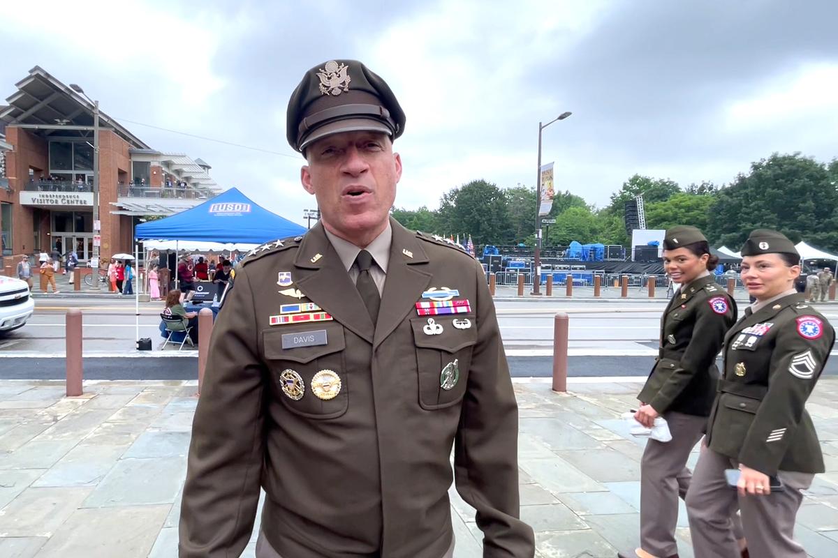 Lt. Gen. Johnny Davis of the U.S. Army Reserve attends the celebration at Independence Mall on June 14, 2025. (Frank Liang/The Epoch Times)