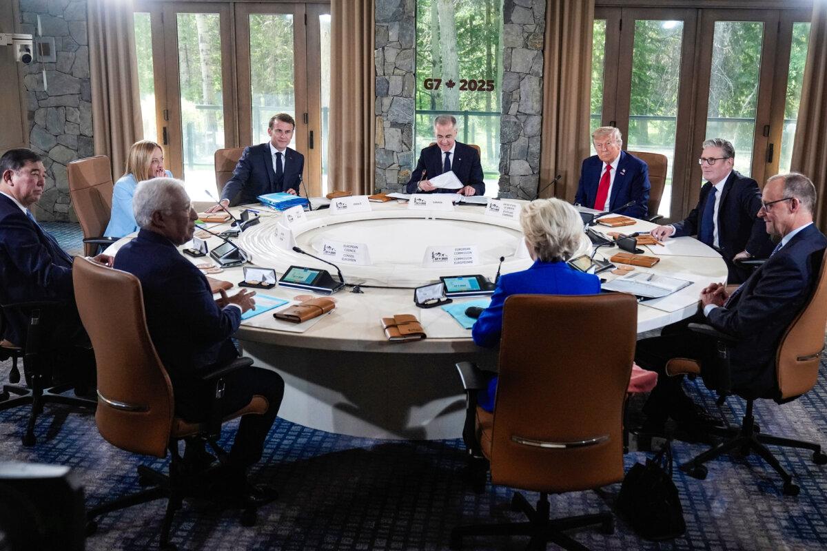 G7 leaders participate in a session of the G7 Summit in Kananaskis, Canada, on June 16, 2025. (AP Photo/Mark Schiefelbein)