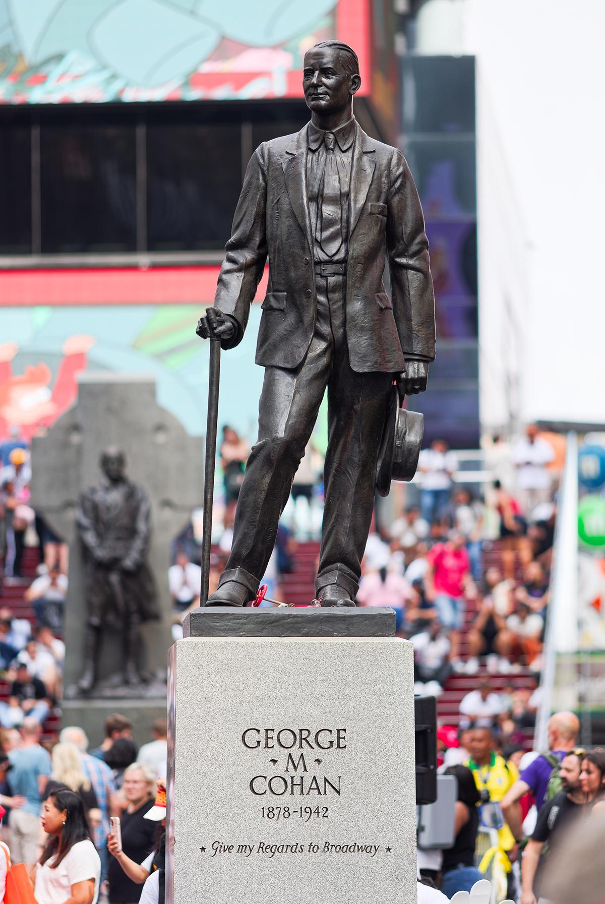 A bronze sculpture of George M. Cohan by artist Georg John Lober and architect Otto Langman was installed at Duffy Square in New York City on Sept. 11, 1959. (Public Domain)