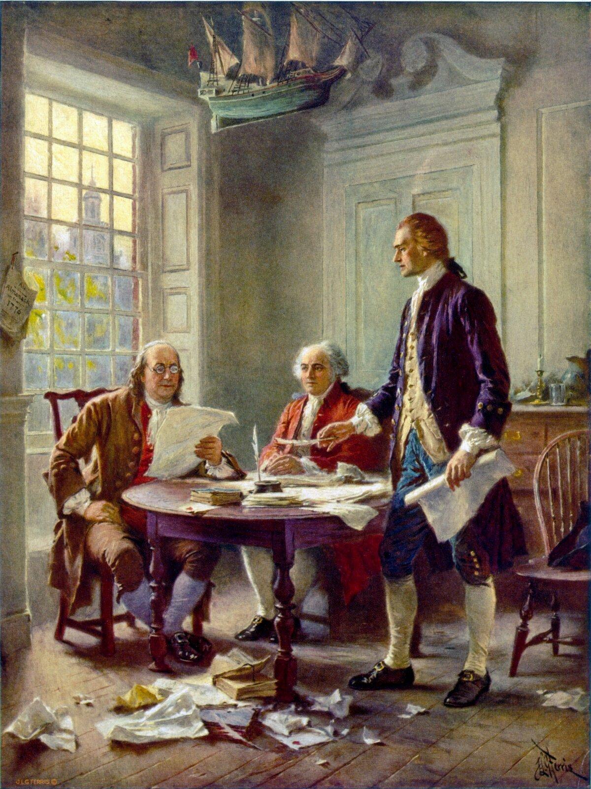“Writing the Declaration of Independence, 1776” by Jean Leon Gerome Ferris, early 20th century. The oil painting depicts (L–R) Benjamin Franklin, John Adams, and Thomas Jefferson. (Public Domain)