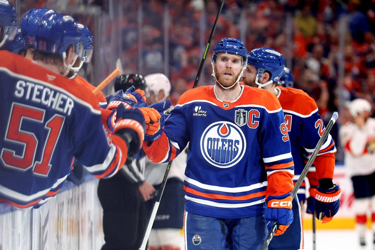 Connor McDavid (97) of the Edmonton Oilers celebrates a goal with teammates against the Florida Panthers during the third period in Game Five of the 2025 Stanley Cup Final at Rogers Place in Edmonton, Alberta, Canada, on June 14, 2025. (Jamie Squire/Getty Images)