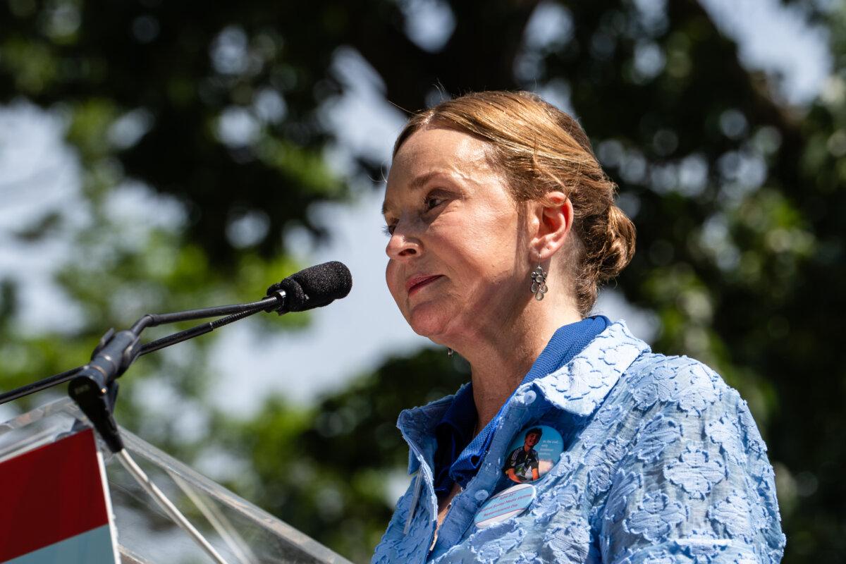 Kristin Bride, mother of 16-year-old Carson Bride, who died by suicide after being bullied online, speaks during Social Media Victims Remembrance Day on Capitol Hill in Washington on June 23, 2025. (Madalina Kilroy/The Epoch Times)