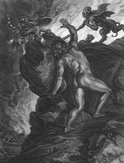 伯納德‧農夫車特(Bernard Picart)的《西西弗斯推石頭上山》(Sisyphus Pushing His Stone up the Mountain)。西西弗斯註定要將一塊與他自身重量相等的巨石推上山,但最終都只能眼睜睜地看著它滾落下來,這被稱為一項無望且永無止境的任務。(公共領域)